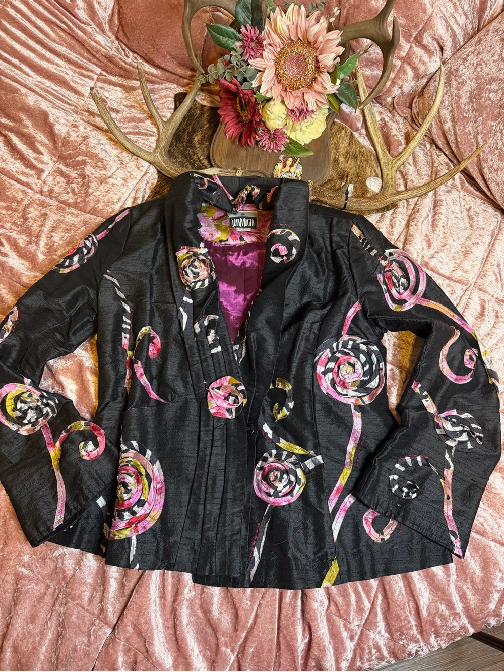 Yak Magik 100% Silk Floral Art Blazer Jacket Size L Made in Nepal
